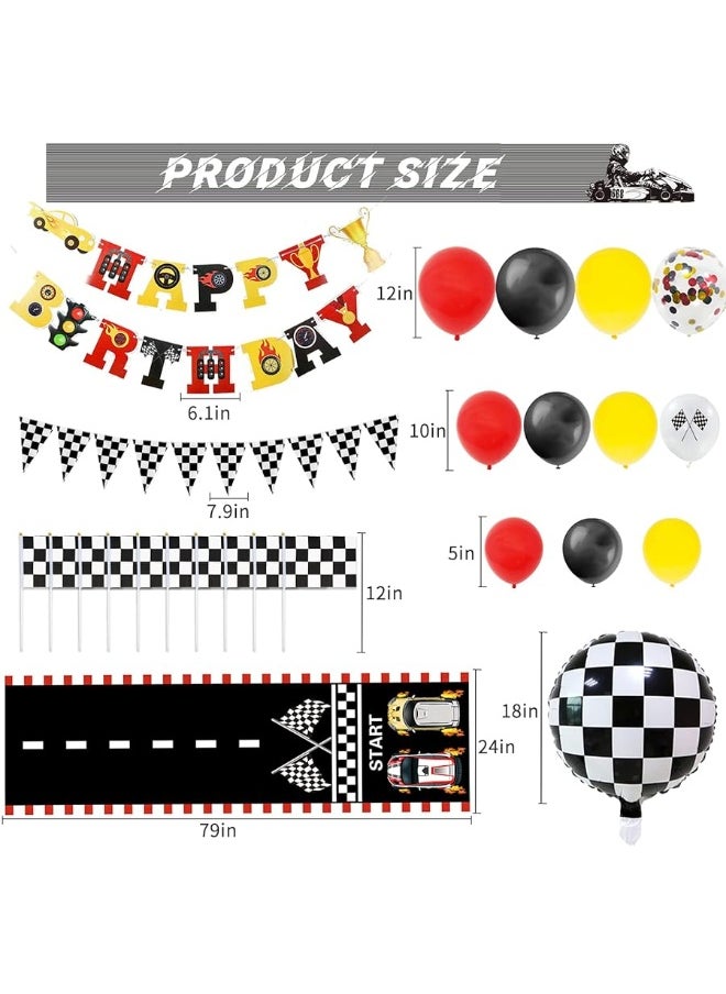Bluegogo 124 Pcs Race Car Birthday Party Supplies, Race Car Balloon Garland Kit with Racetrack Checked Flags HAPPY BIRTHDAY Banner Black and White Pennant Banner for Race Car Party Decorations  - Image 1