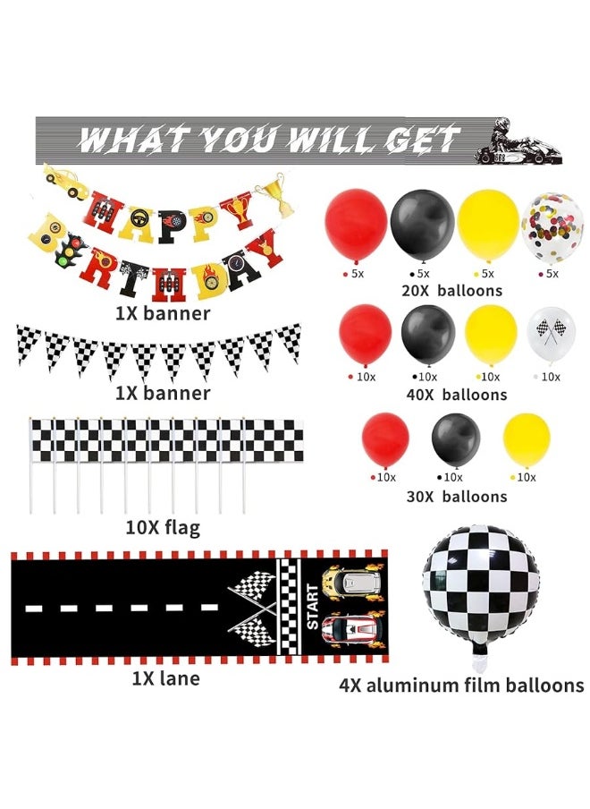 Bluegogo 124 Pcs Race Car Birthday Party Supplies, Race Car Balloon Garland Kit with Racetrack Checked Flags HAPPY BIRTHDAY Banner Black and White Pennant Banner for Race Car Party Decorations  - Image 5
