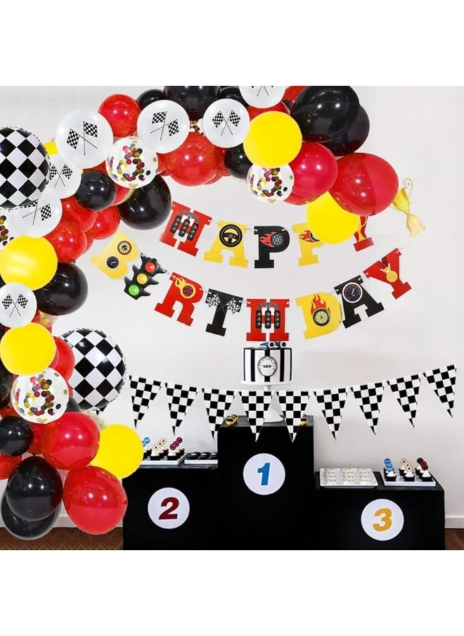 Bluegogo 124 Pcs Race Car Birthday Party Supplies, Race Car Balloon Garland Kit with Racetrack Checked Flags HAPPY BIRTHDAY Banner Black and White Pennant Banner for Race Car Party Decorations  - Image 4