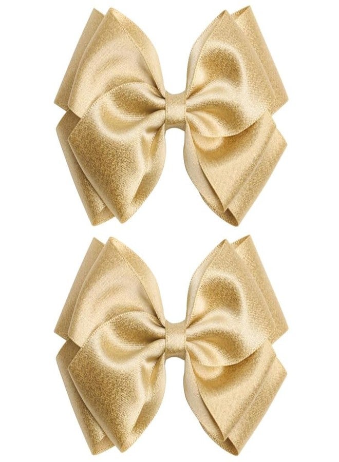 FAMEZA 2 Pcs Luxury 4.5-Inch Hair Bows Alligator Clips Delicate Satin Hair Accessories for Girls, Toddler, Kids and Women Birthday Wedding Christmas Occasions- Set of 2 (Gold) - Image 1