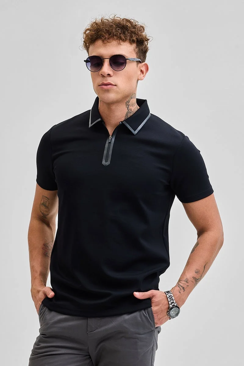 SNITCH Black Zipper Polo T-Shirt