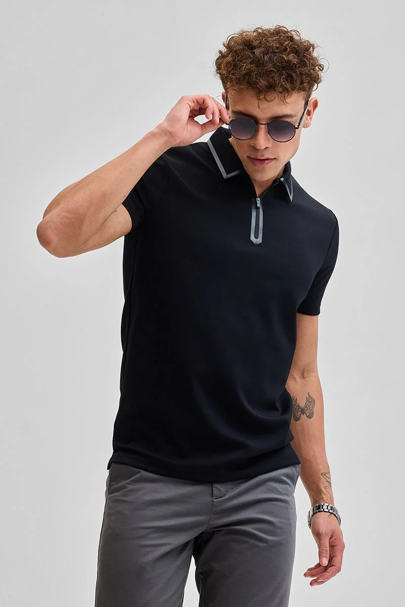 SNITCH Black Zipper Polo T-Shirt