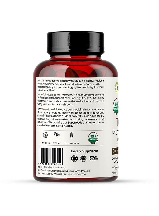 Rooted Active's Turkey Tail mushroom Extract Capsules (90 Veg Caps, 500 mg), USDA & EU Certified Organic| 30% Beta Glucans - Lab verified | Heart health, Stress Relief, Liver support - Image 3