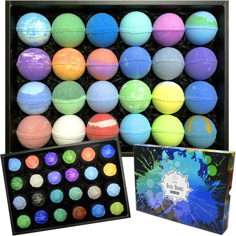 Bath Bomb Gift Sets for Men 24 Therapeutic Aromatherapy Mens Bath Bombs Best Gift for Dad and Fathers Day Gift Sets