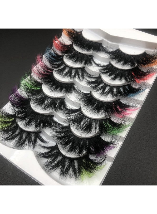 25Mm Colored Mink Lashes Pack, 7 Pairs Mix Color Drametic Long 25Mm Real Mink Eyelashes With Color On End, Fluffy Mink Colored Eyelashes, Colorful Lashes With Orange/Red/Pink/Blue/Green/Purple