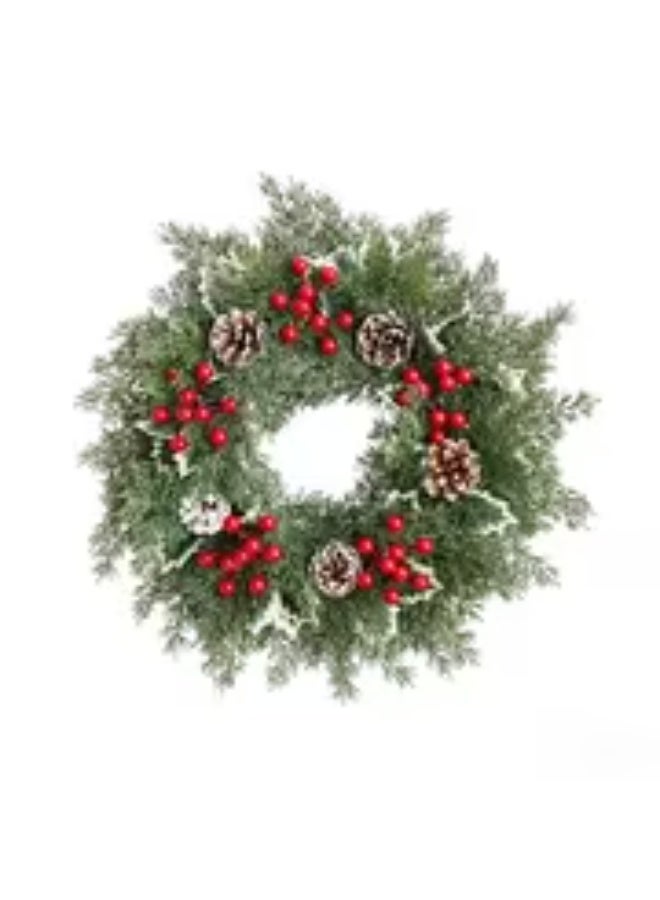 إيروريكس إصدار محدود من إكليل الكريسماس بتوت أحمر واقعي مع إبر الصنوبر والمخاريط والكرمة – فروع صناعية متينة للتعليق على الأبواب والنوافذ والجدران – مناسب للديكور طوال العام أو لموسم الكريسماس (بدون صيانة) - Image 1