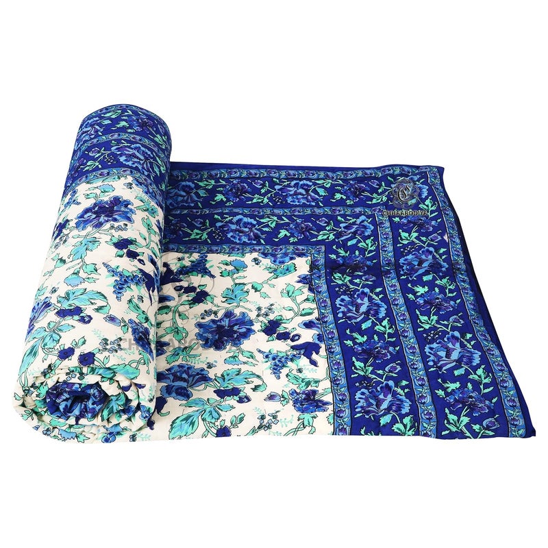 LILFLY Jaipuri Rajasthani Traditional Pure Cotton Single Bed Soft Jaipuri ACWinter QuiltRazai 55 X 85 inch Stitch Including Set of 1 Reversible Lightweight FLOWER1BLUE - Image 3