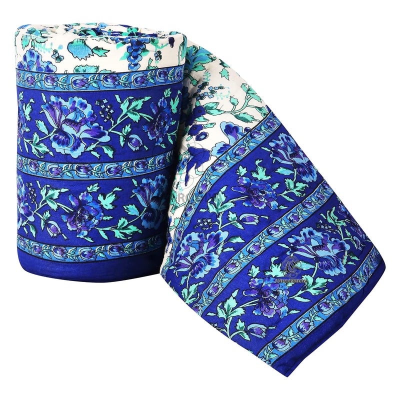 LILFLY Jaipuri Rajasthani Traditional Pure Cotton Single Bed Soft Jaipuri ACWinter QuiltRazai 55 X 85 inch Stitch Including Set of 1 Reversible Lightweight FLOWER1BLUE - Image 1