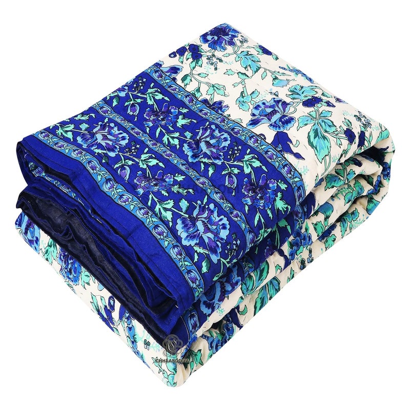 LILFLY Jaipuri Rajasthani Traditional Pure Cotton Single Bed Soft Jaipuri ACWinter QuiltRazai 55 X 85 inch Stitch Including Set of 1 Reversible Lightweight FLOWER1BLUE - Image 2