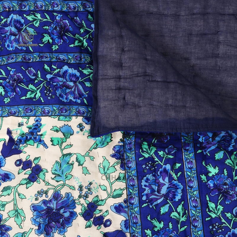 LILFLY Jaipuri Rajasthani Traditional Pure Cotton Single Bed Soft Jaipuri ACWinter QuiltRazai 55 X 85 inch Stitch Including Set of 1 Reversible Lightweight FLOWER1BLUE - Image 4