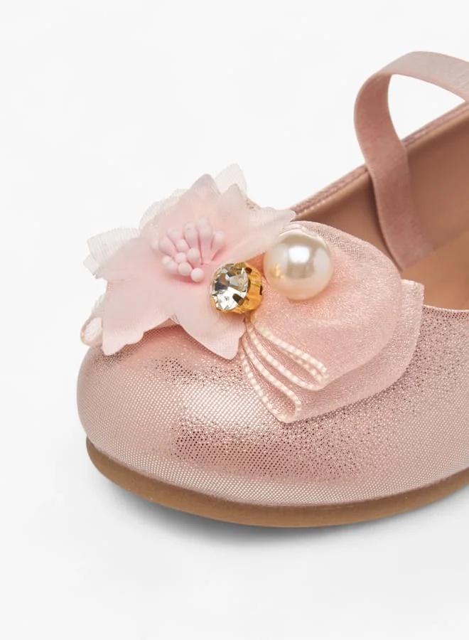 جونيورز Girls Floral Accent Slip-On Ballerina Shoes With Elastic Strap