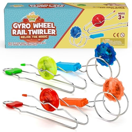IPIDIPI TOYS Retro Magic Rail Gyro Wheel Twirlers 4Pack 2 Rail Twirlers 2 Gyro Wheels Light Up Magnetic Spinning Toys Classic Vintage Fidget Toys Party Favors Easter Basket Stuffers for Kids - Image 1