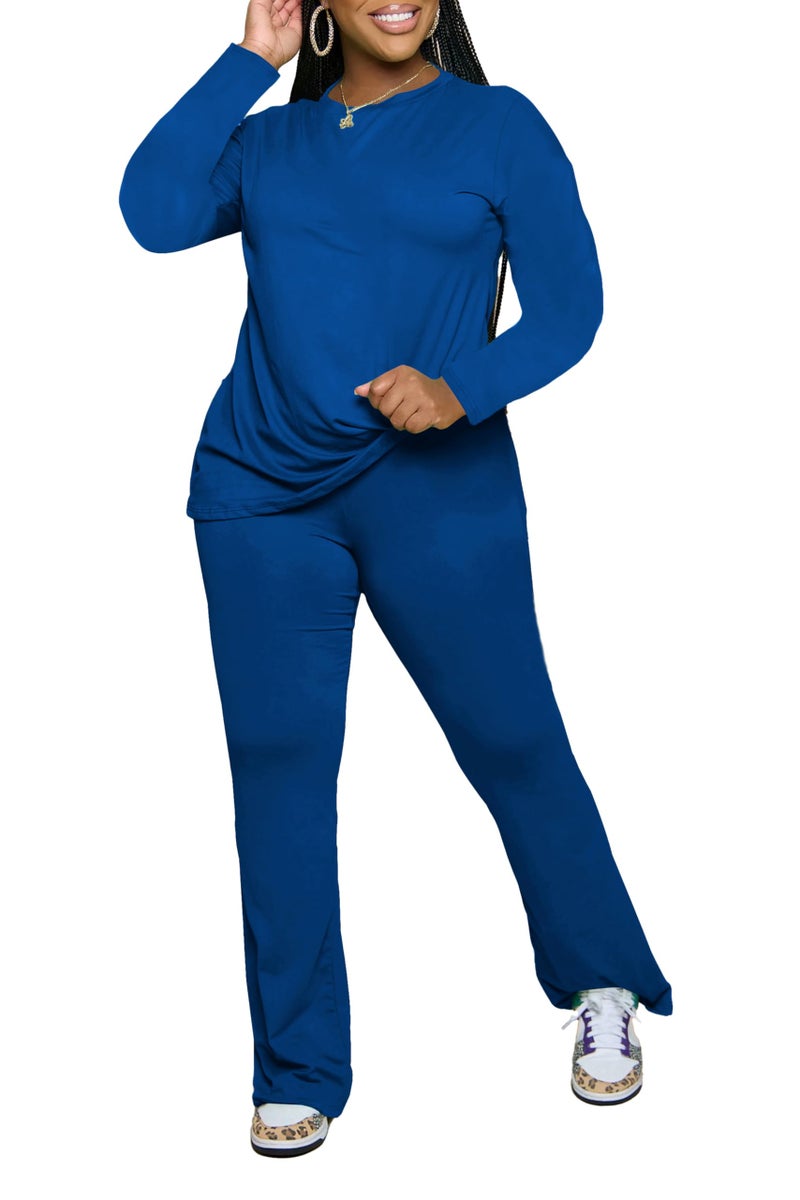 PINSV Womens 2 Piece Outfits Casual Sets Long Sleeve Top and Flare Pants Lounge Sets Tracksuit Blue S - Image 5