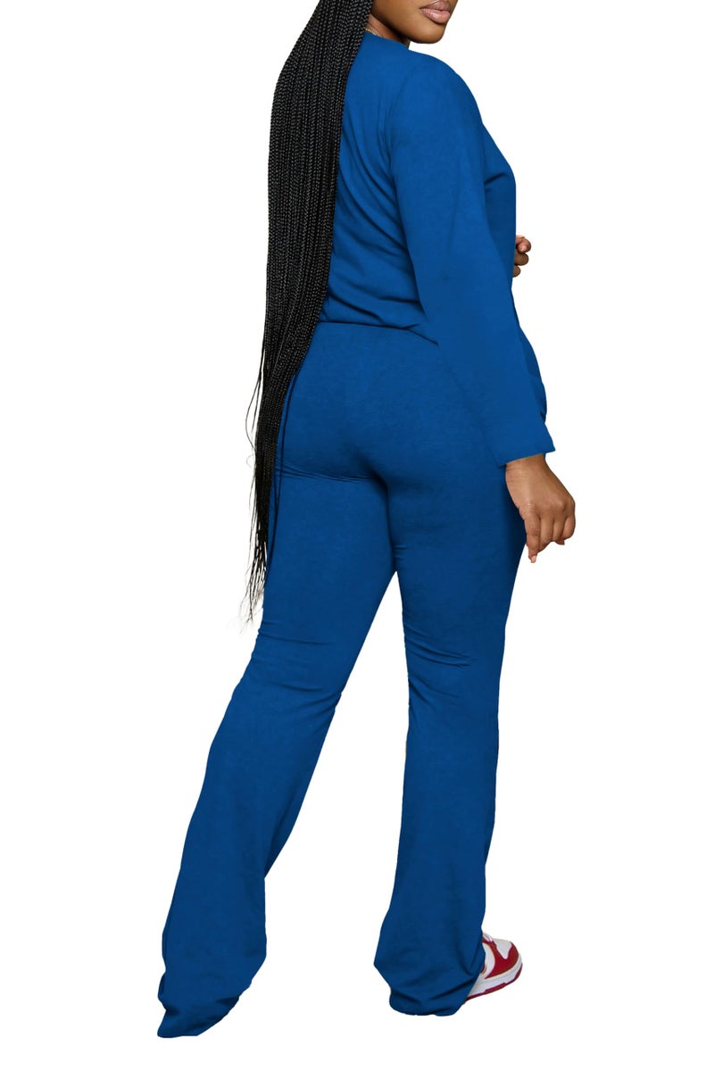 PINSV Womens 2 Piece Outfits Casual Sets Long Sleeve Top and Flare Pants Lounge Sets Tracksuit Blue S - Image 2