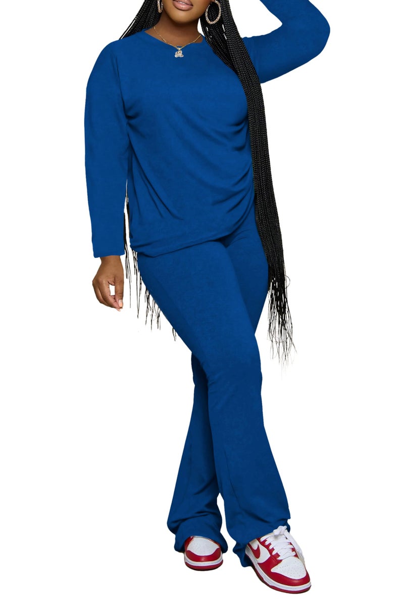 PINSV Womens 2 Piece Outfits Casual Sets Long Sleeve Top and Flare Pants Lounge Sets Tracksuit Blue S - Image 1
