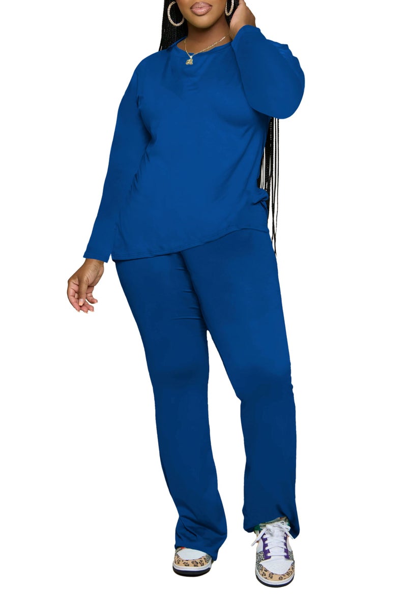 PINSV Womens 2 Piece Outfits Casual Sets Long Sleeve Top and Flare Pants Lounge Sets Tracksuit Blue S - Image 4