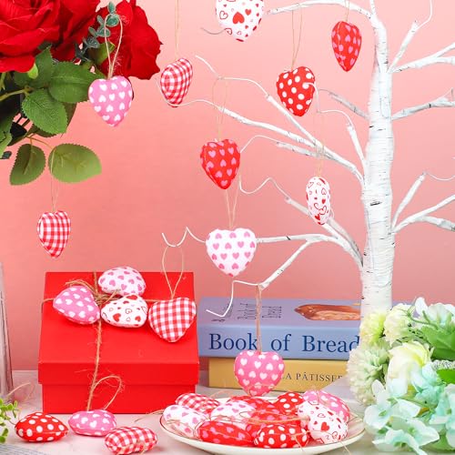 Maniaacer 30 Pieces Fabric Heart Hanging Ornaments Valentines Heart Shaped Ornaments Red Pink Hearts Fabric Hanging Decorations for Valentine's Day Tree Wedding Party DIY Crafts - Image 4