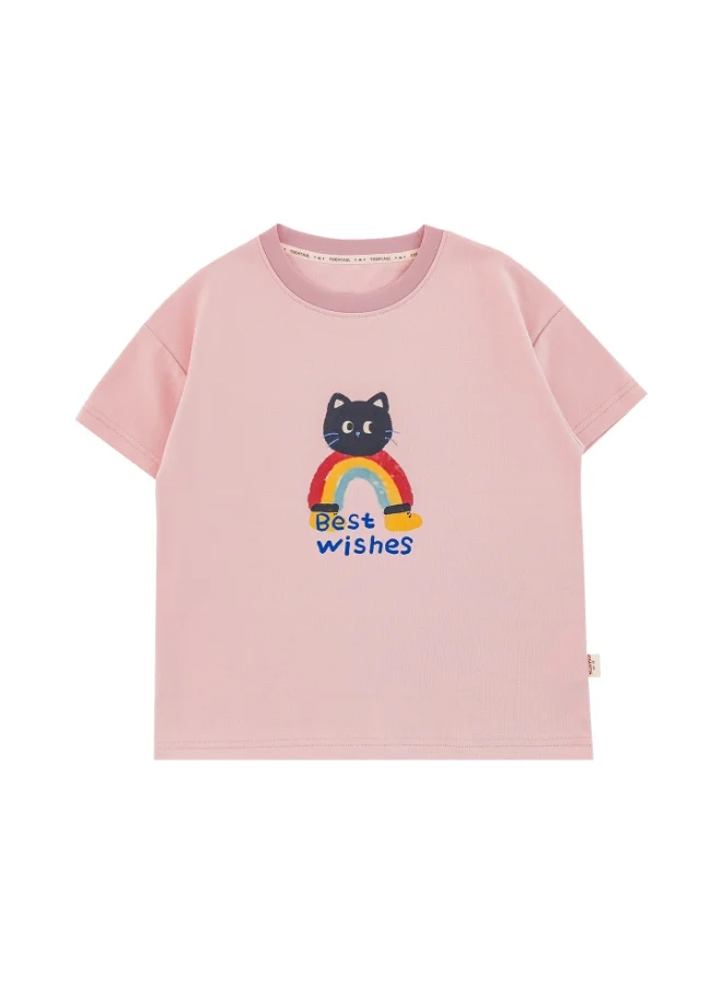 Yoehyaul Girls Graphic Cotton T-Shirt – Short Sleeve Cute Cat & Rainbow Print Casual Top for Girls