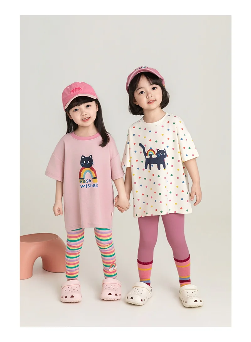 Yoehyaul Girls Graphic Cotton T-Shirt – Short Sleeve Cute Cat & Rainbow Print Casual Top for Girls