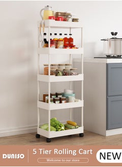 DUNISO 5 Tier Rolling Cart Organizer with Wheels, Large Capacity Shelves, Multi-Purpose Storage Rack  Plastic Rolling Utility Organizer Rack,Storage Basket Organizer Shelves for Bathroom, Kitchen, Livingroom, Bedroom  - Image 1