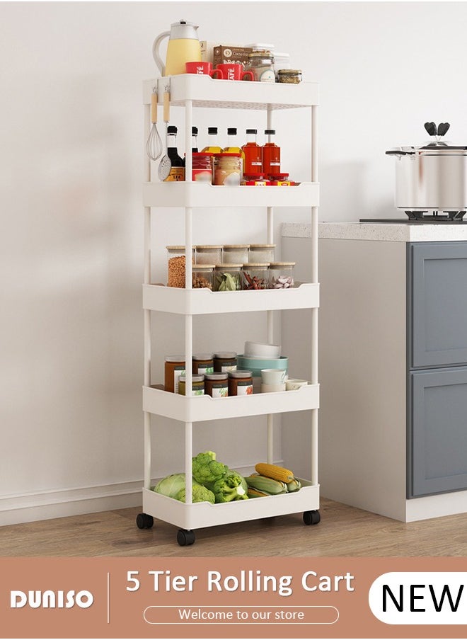 DUNISO 5 Tier Rolling Cart Organizer with Wheels, Large Capacity Shelves, Multi-Purpose Storage Rack  Plastic Rolling Utility Organizer Rack,Storage Basket Organizer Shelves for Bathroom, Kitchen, Livingroom, Bedroom  - Image 1