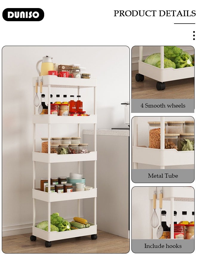 DUNISO 5 Tier Rolling Cart Organizer with Wheels, Large Capacity Shelves, Multi-Purpose Storage Rack  Plastic Rolling Utility Organizer Rack,Storage Basket Organizer Shelves for Bathroom, Kitchen, Livingroom, Bedroom  - Image 2