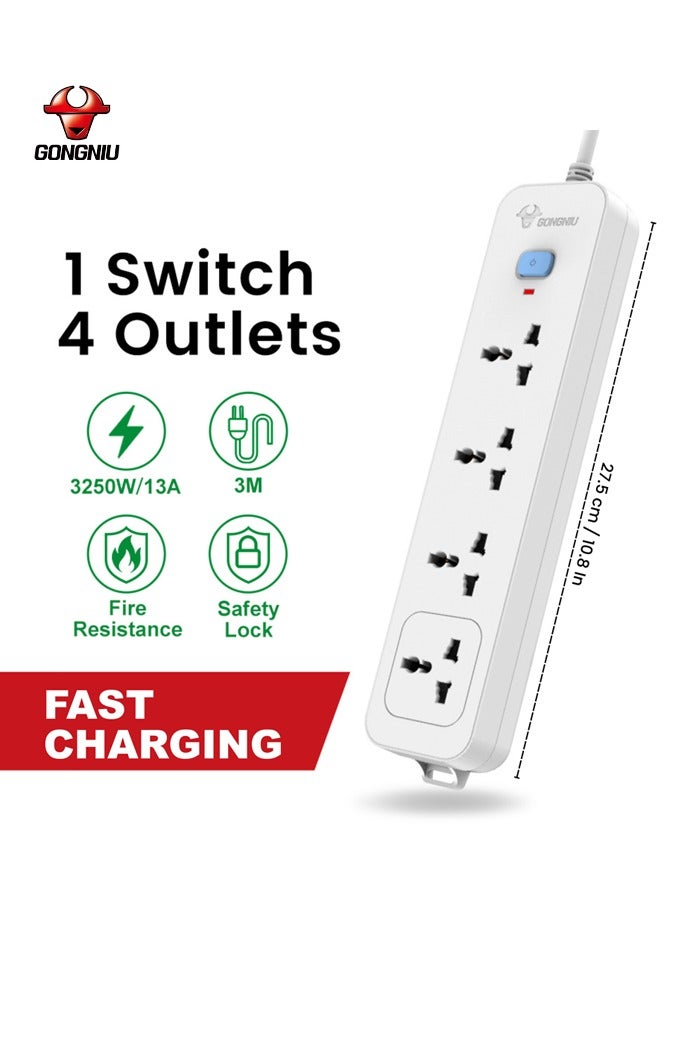 غونغنيو وصلة كهرباء بـ 4 منافذ – مفتاح واحد، كابل 3 متر | مقاومة للحريق، قفل أمان، قابس متعدد للمنزل/المكتب/السفر - Image 2
