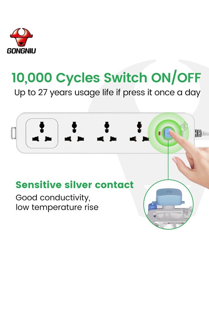غونغنيو وصلة كهرباء بـ 4 منافذ – مفتاح واحد، كابل 3 متر | مقاومة للحريق، قفل أمان، قابس متعدد للمنزل/المكتب/السفر - Image 3