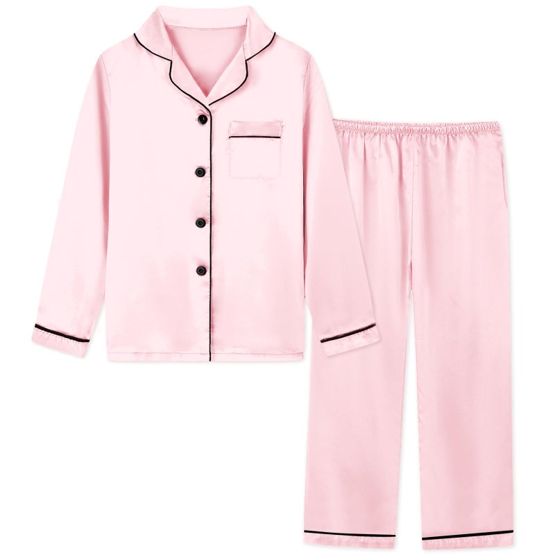 Schbbbta Womens Silk Satin Pajamas Loungewear Outfits Two Pieces Sleepwear ButtonDown Pj Set with Pants Pockets TCandy Pink XSmall