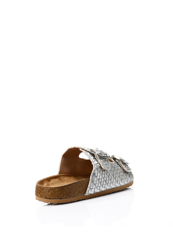 DejaVu Intrecciato Double Buckles Slip On Silver Slippers  - Image 2