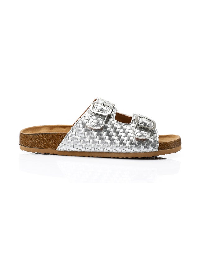 Intrecciato Double Buckles Slip On Silver Slippers