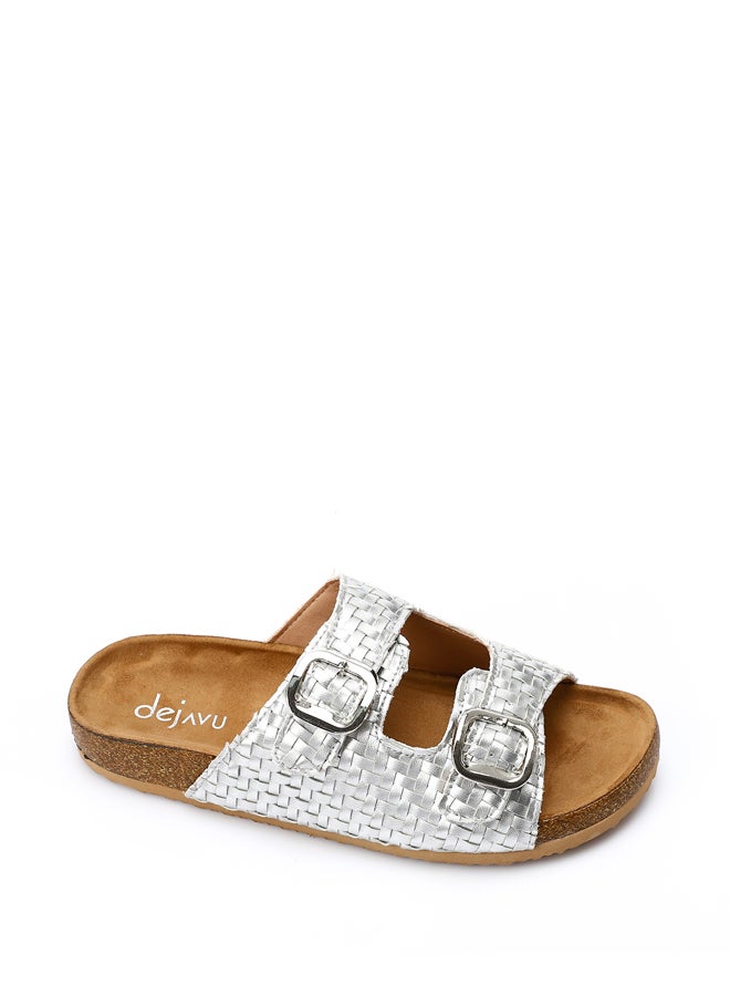 DejaVu Intrecciato Double Buckles Slip On Silver Slippers  - Image 5