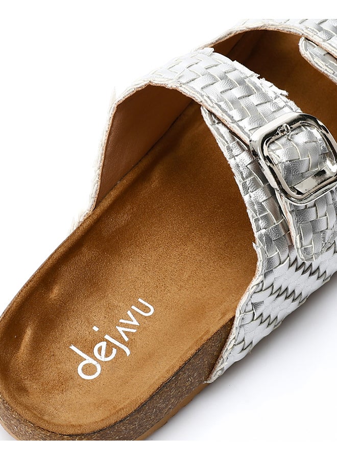 DejaVu Intrecciato Double Buckles Slip On Silver Slippers  - Image 4