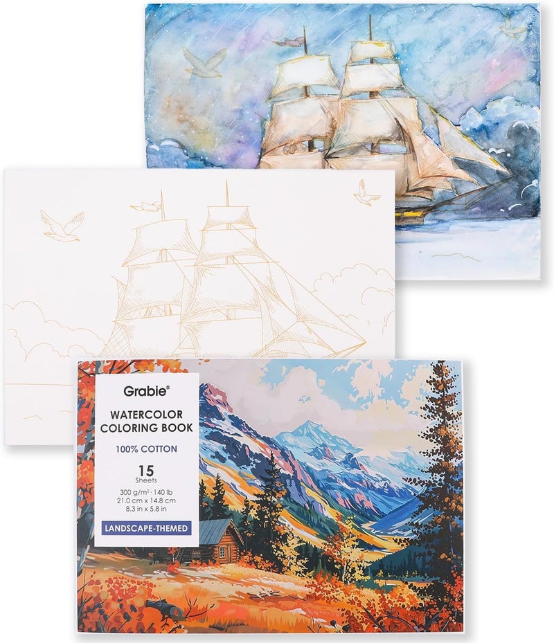 Grabie Watercolor Coloring Book, 15 Sheets A5 (8.3 x 5.8),Watercolor Book for Adults: Ignite Your Artistic Expression on 100% Cotton Paper (Land-Scape) - Image 1