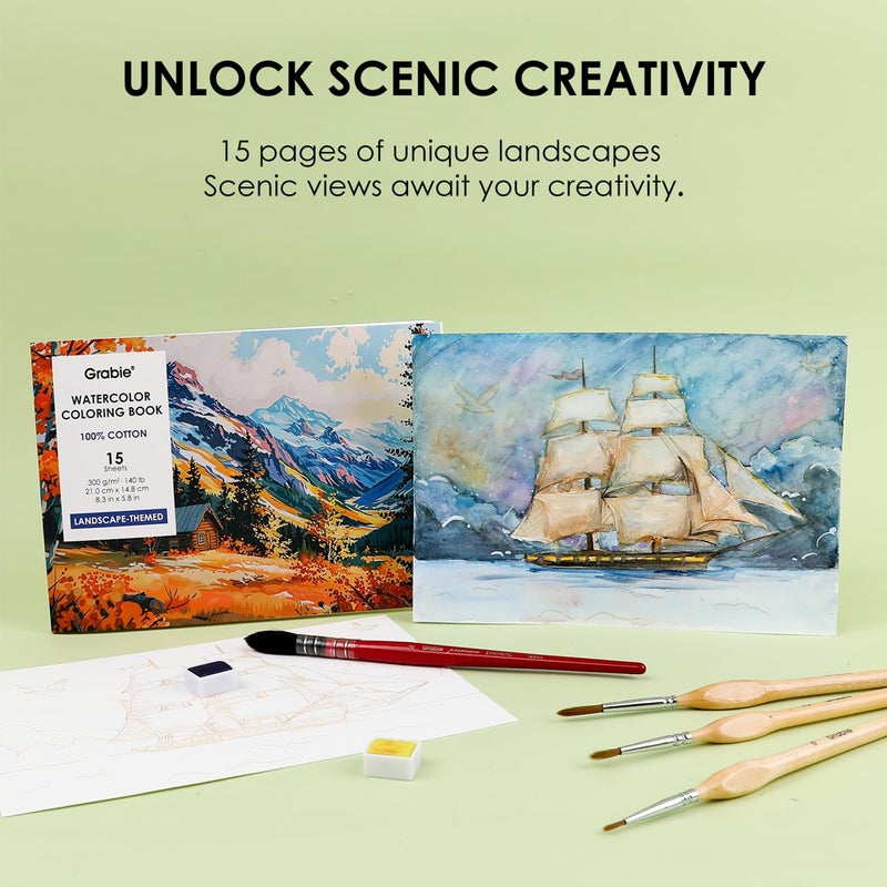 Grabie Watercolor Coloring Book, 15 Sheets A5 (8.3 x 5.8),Watercolor Book for Adults: Ignite Your Artistic Expression on 100% Cotton Paper (Land-Scape) - Image 2