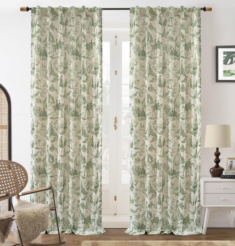 DriftAway 100% Blackout Toile Linen Curtains for Bedroom Double Layer Farmhouse French Country Vintage Printed Pattern Thermal Sound Lined Back Tab Living Room Drapes 96 inch Long 2 Panels Loden Green - Image 1