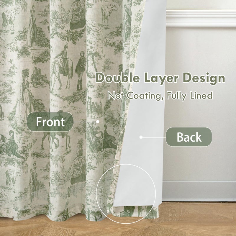 DriftAway 100% Blackout Toile Linen Curtains for Bedroom Double Layer Farmhouse French Country Vintage Printed Pattern Thermal Sound Lined Back Tab Living Room Drapes 96 inch Long 2 Panels Loden Green - Image 3