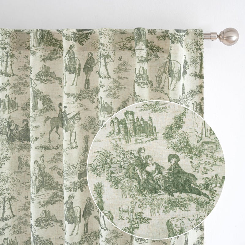 DriftAway 100% Blackout Toile Linen Curtains for Bedroom Double Layer Farmhouse French Country Vintage Printed Pattern Thermal Sound Lined Back Tab Living Room Drapes 96 inch Long 2 Panels Loden Green - Image 2