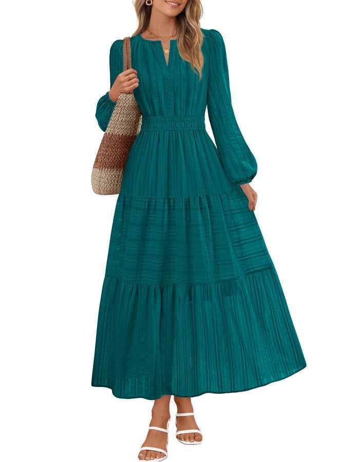 MEROKEETY Fall Dresses for Women 2025 Long Sleeve Casual V Neck Tiered Cotton Midi Maxi Dress Pockets, Malachitegreen, M - Image 1