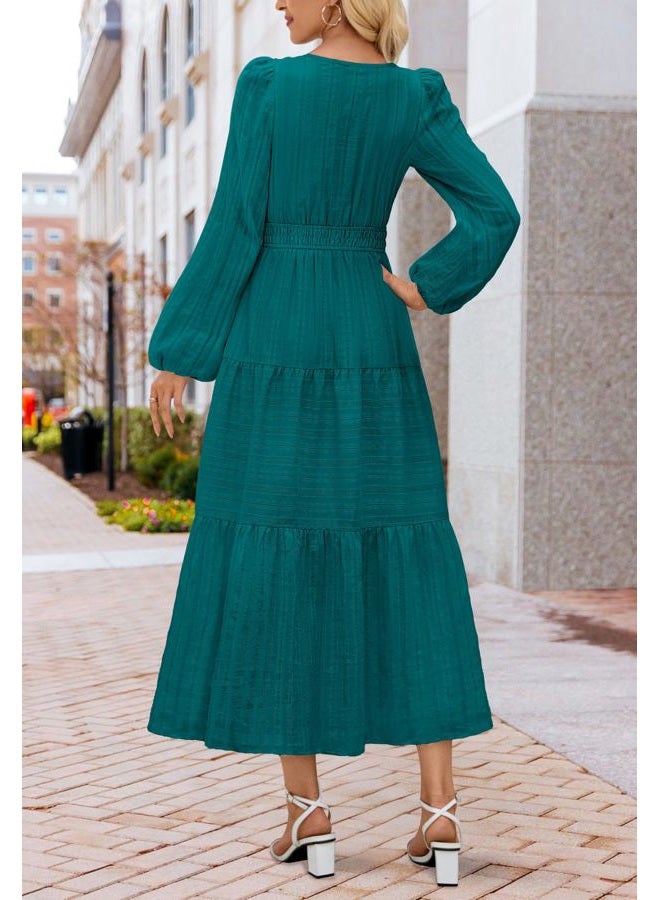 MEROKEETY Fall Dresses for Women 2025 Long Sleeve Casual V Neck Tiered Cotton Midi Maxi Dress Pockets, Malachitegreen, M - Image 3