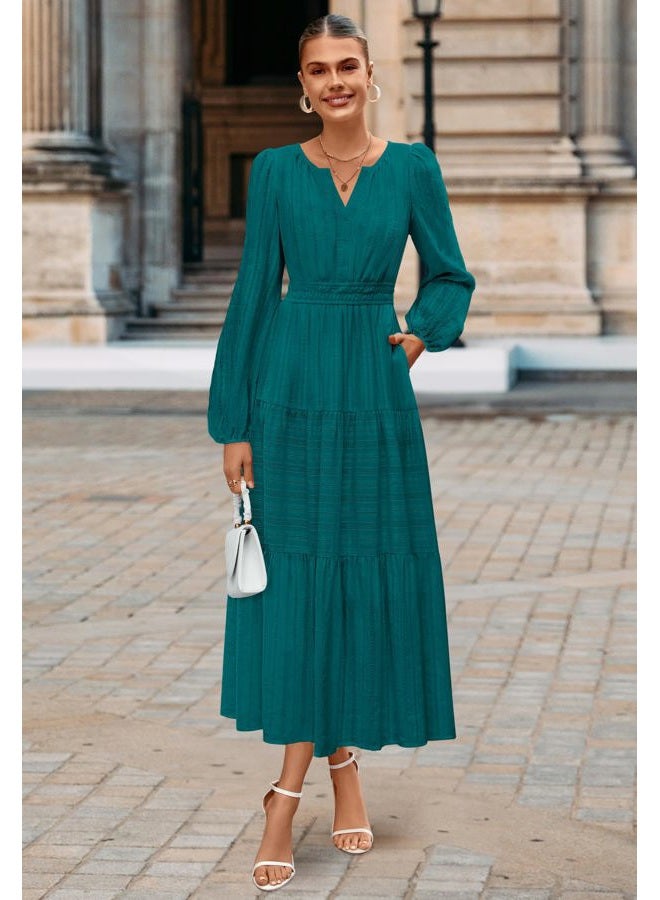 MEROKEETY Fall Dresses for Women 2025 Long Sleeve Casual V Neck Tiered Cotton Midi Maxi Dress Pockets, Malachitegreen, M - Image 5