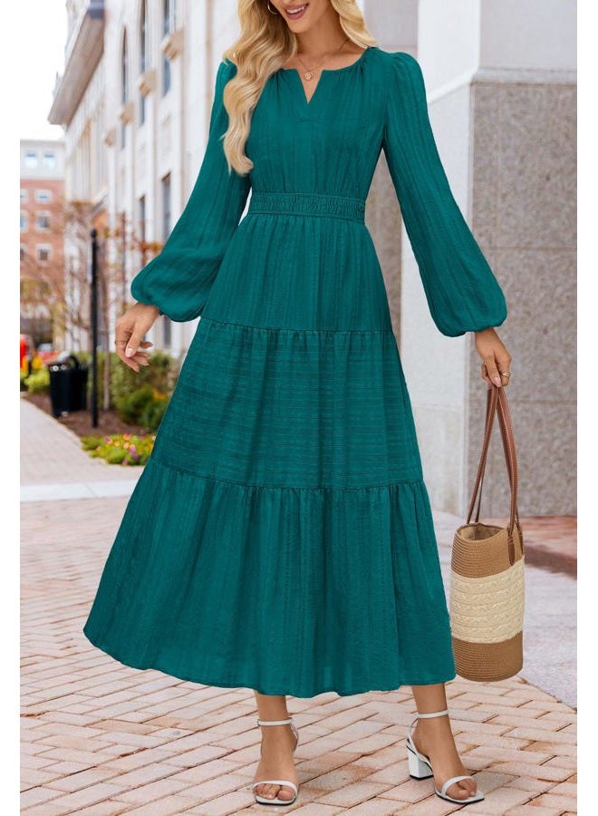 MEROKEETY Fall Dresses for Women 2025 Long Sleeve Casual V Neck Tiered Cotton Midi Maxi Dress Pockets, Malachitegreen, M - Image 2