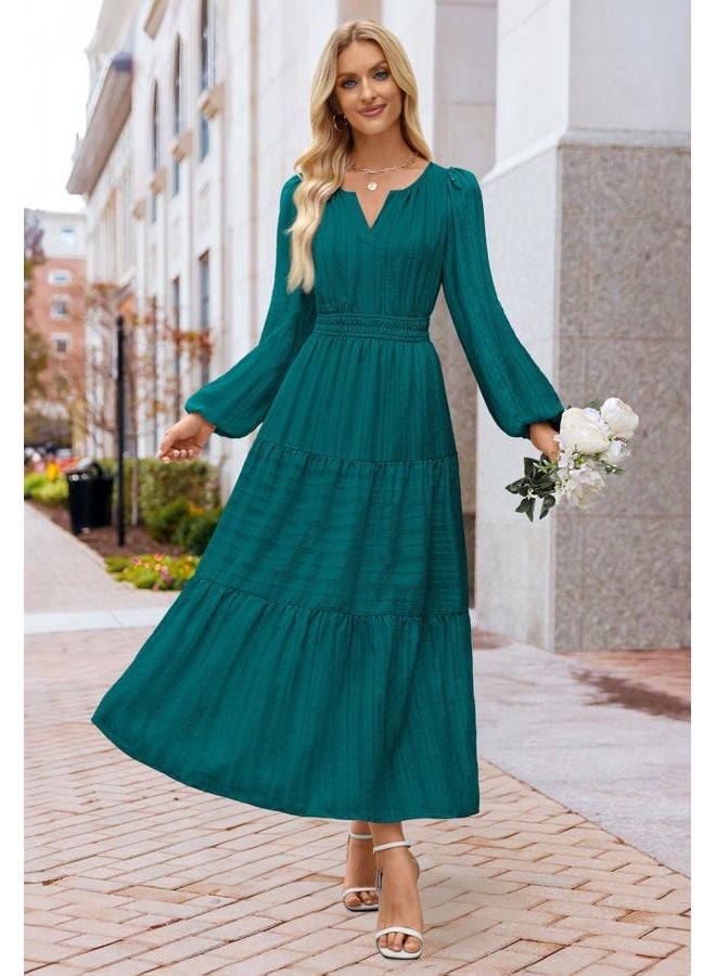 MEROKEETY Fall Dresses for Women 2025 Long Sleeve Casual V Neck Tiered Cotton Midi Maxi Dress Pockets, Malachitegreen, M - Image 4