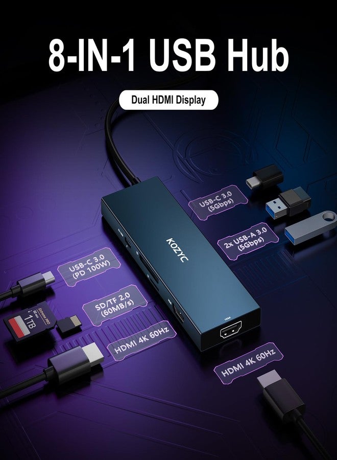 KOZYC USB C Docking Station Dual HDMI 4K@60Hz, 8-in-1 USB C Hub 2 HDMI, USBC 3.0, 2xUSB-A 3.0, SD/TF, 100W PD, Laptop Docking Station Dual Monitor Compatible with HP, Dell - Image 2