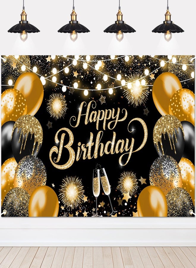 Lecheme Happy Birthday Banner Glitter Black Gold Happy Birthday Backdrop Photo Background Party Decorations for Men Women 6x3.6 ft - Image 1