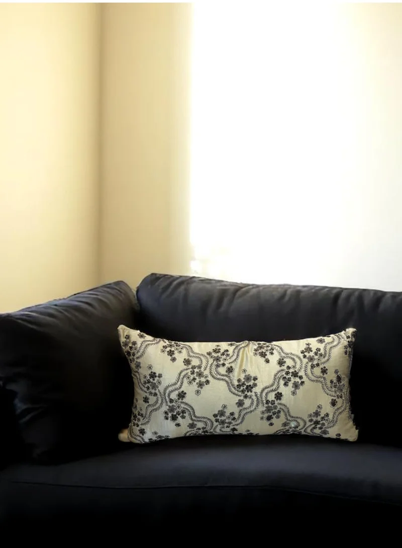 Tohfa Luxe Beige & Gold Handwoven Silk Cushion with Filler
