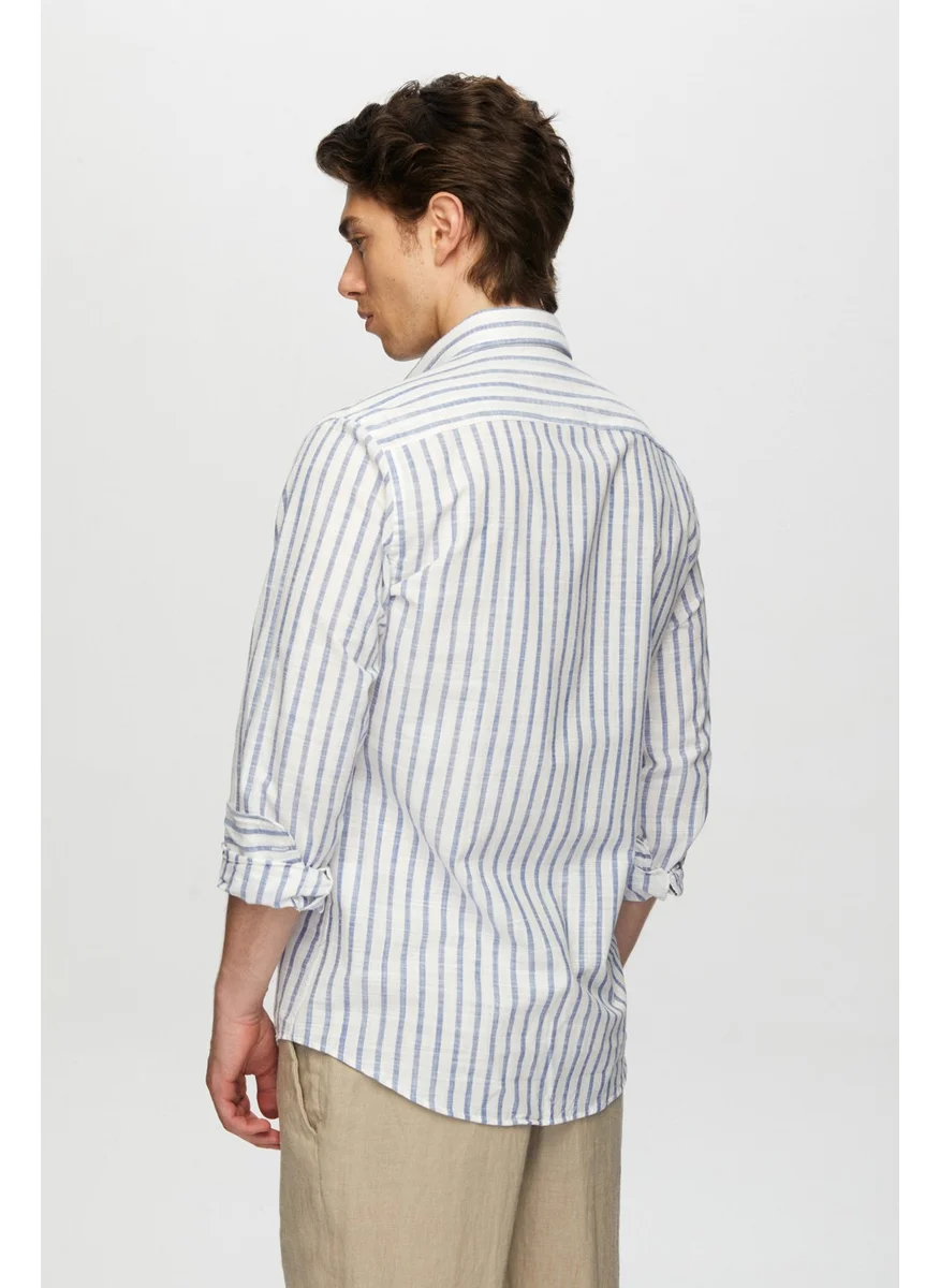 D'S DAMAT Slim Fit Blue Striped Button-Down Collar 100% Cotton Flamed Summer Linen Look Shirt 0HC02ORT06265