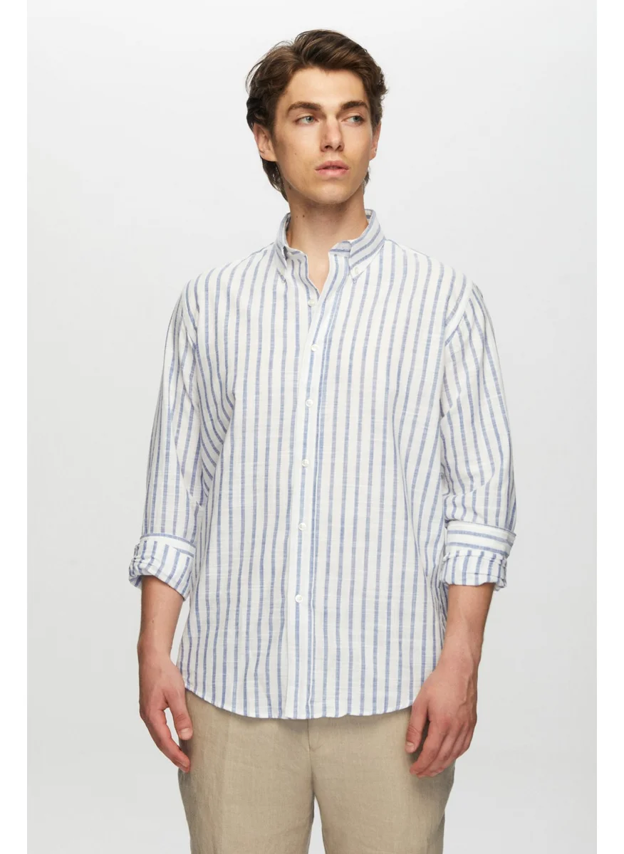 D'S DAMAT Slim Fit Blue Striped Button-Down Collar 100% Cotton Flamed Summer Linen Look Shirt 0HC02ORT06265