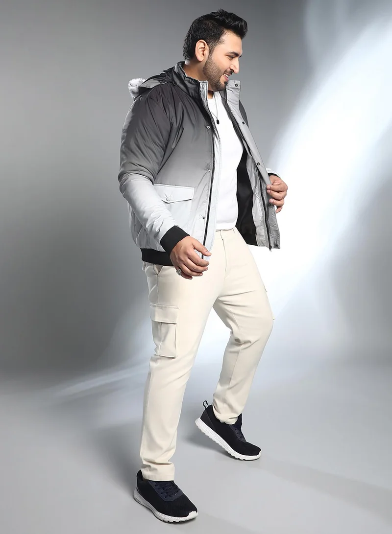 Instafab Plus Instafab Plus Men's Black & Grey Ombre Puffer Jacket With Fleece Hood For Casual Wear | Hooded Neck | Long Cuffed Sleeves | Zipper Closure | Plus Size Jacket Crafted With Comfort Fit For Everyday Wear