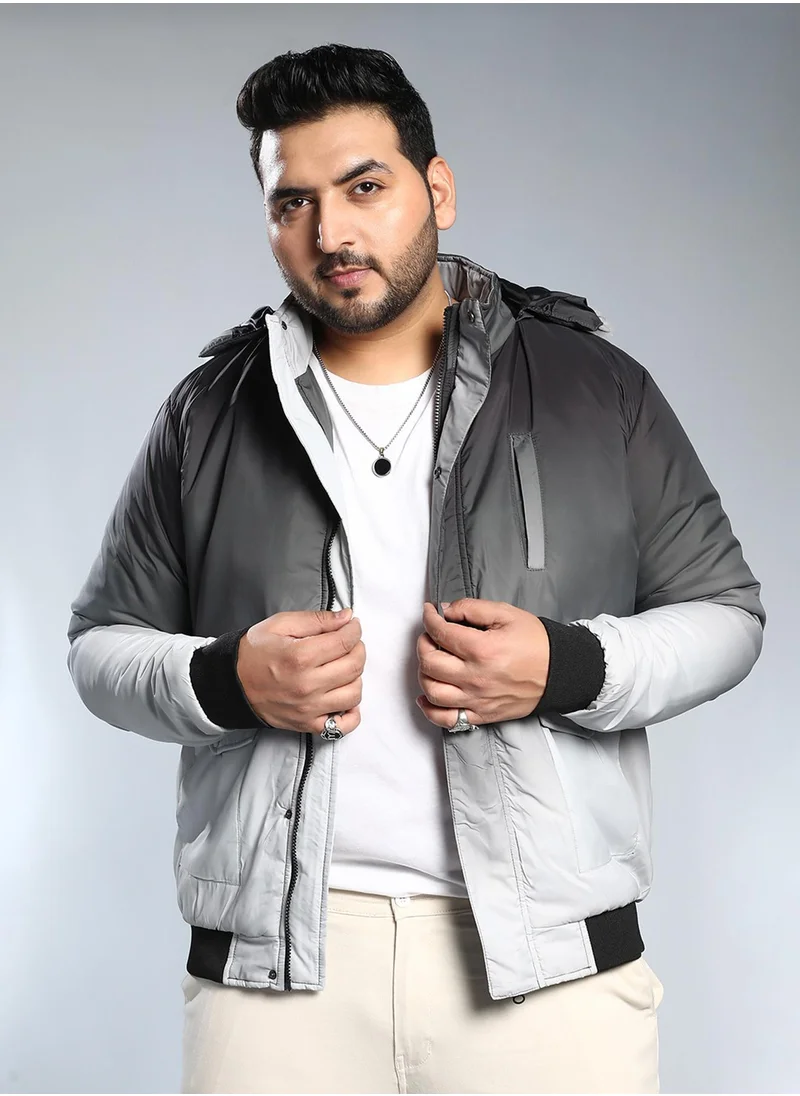 Instafab Plus Instafab Plus Men's Black & Grey Ombre Puffer Jacket With Fleece Hood For Casual Wear | Hooded Neck | Long Cuffed Sleeves | Zipper Closure | Plus Size Jacket Crafted With Comfort Fit For Everyday Wear